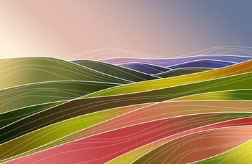 Colorful field, mountain and sky illustration. Abstract field illustration. Hand drawn image 