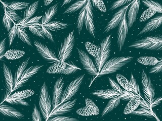 Spruce branches with cones. Spruce branches on green background. Christmas banner with spruce branches. New Year greeting card design