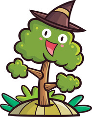 Cute green tree character wearing purple witch hat