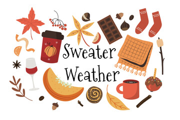 Set with cute autumn and winter objects  clip art, cozy time spending. Isolated on white vector illustration