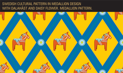 Fototapeta premium Swedish seamless pattern with Dalahäst (Dala horse in English). The correct CMYK-colors of Swedish flag in background together with daisy flower. Wrapping paper, towel, cloth for midsummer, national.