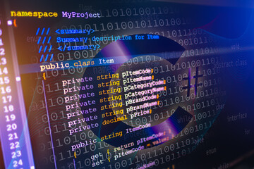 Fototapeta premium C sharp programming language source code example on monitor, C# source code.