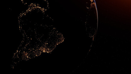 Day and night on Earth planet viewed from space showing the lights of South America. 3D rendering. Elements of this image furnished by NASA.