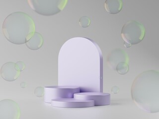 Abstract geometric composition for product display with levitating bubble, podium and abstract background.