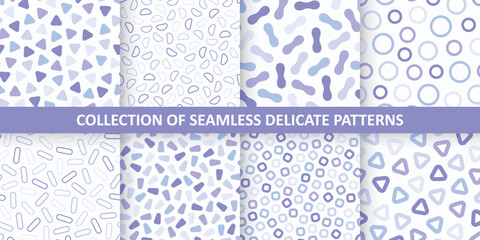 Collection of vector seamless colorful trendy patterns - delicate design. Simple textile prints with geometric shapes. Repeatable mosaic texture - unusual backgrounds