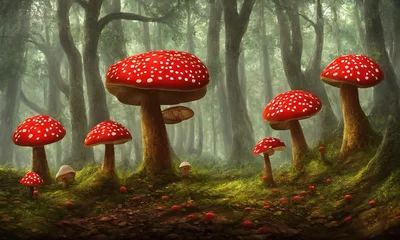 Foto op Aluminium Fly agaric mushrooms grow in a forest clearing. Fabulous magic mushrooms in a dark forest. Fantastic wonderland landscape to the fairy tale "Alice in Wonderland". 3d illustration © Mars0hod