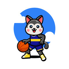 Happy cute husky playing basketball