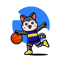 Happy cute husky playing basketball