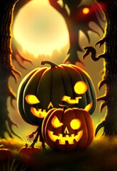 Illustration of Halloween Pumpkins in a scary and creepy environment 