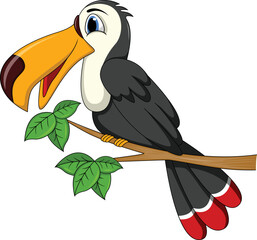 toucan bird perched on a tree trunk that has green leavestoucan bird perched on a tree trunk that has green leaves