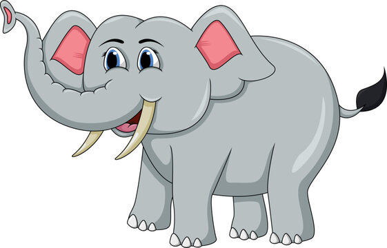 cute gray elephant lifts its trunk and smiles cartoon vector illustration