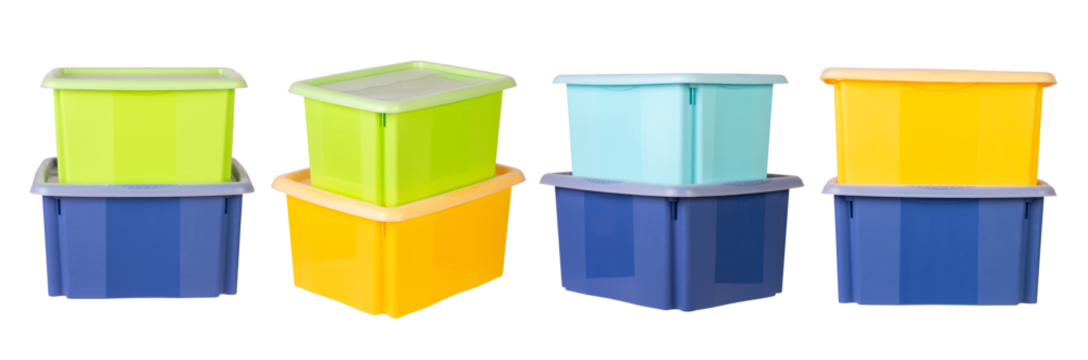 Collection of colourful containers stacked one on another isolated on white or transparent background