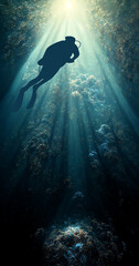 Fototapeta premium Scuba diving under deep blue sea. Diver swim undersea cave with sun ray. 3D rendering image.