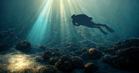 Fototapeta na wymiar Scuba diving under deep blue sea. Diver swim undersea cave with sun ray. 3D rendering image.