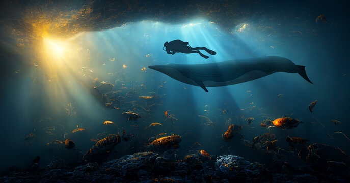 Scuba diver swim with whale. Scuba diver diving underwater cave with sunbeam. 3D rendering image.