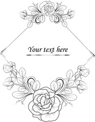 floral border frame with rose leaf vector sketch outline illustration, decorative hand drawn grating card coloring page isolated on white background clip art.