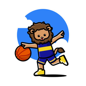 Happy cute lion playing basketball