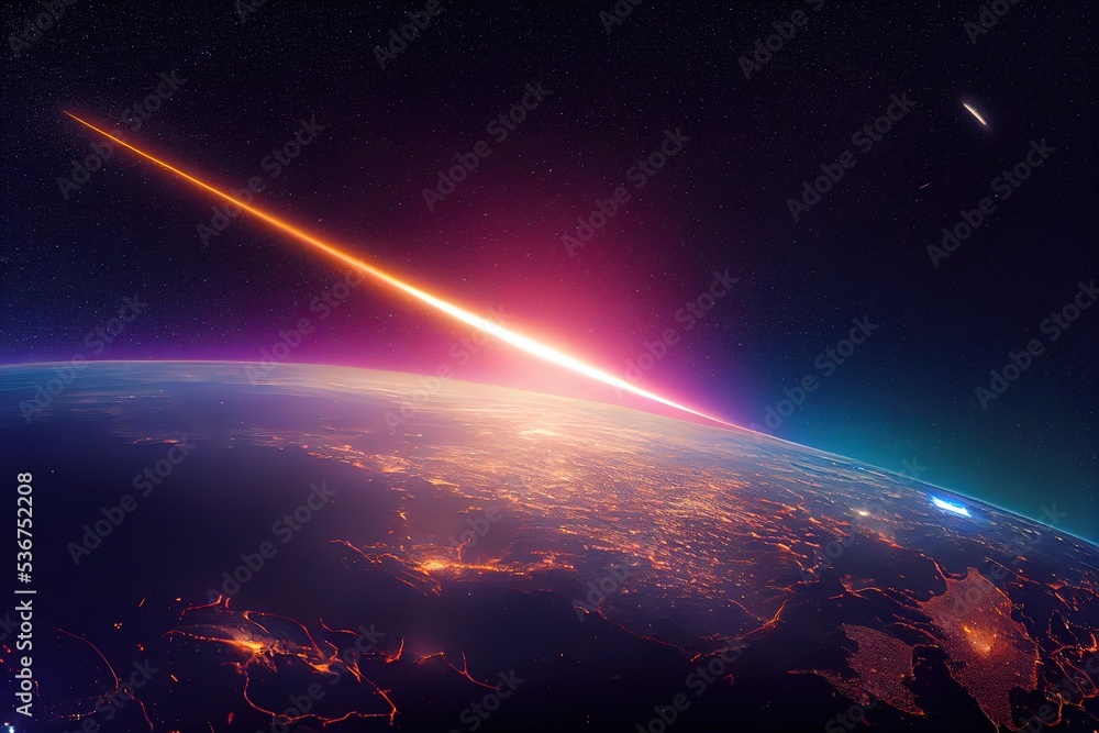 Poster space galaxy with bright stars and an asteroid with a bright fiery tail flies towards the earth on a