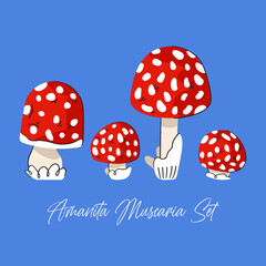 Amanita Muscaria Mushroom vector set. Fly agaric autumn collection. Fungi Flat illustration