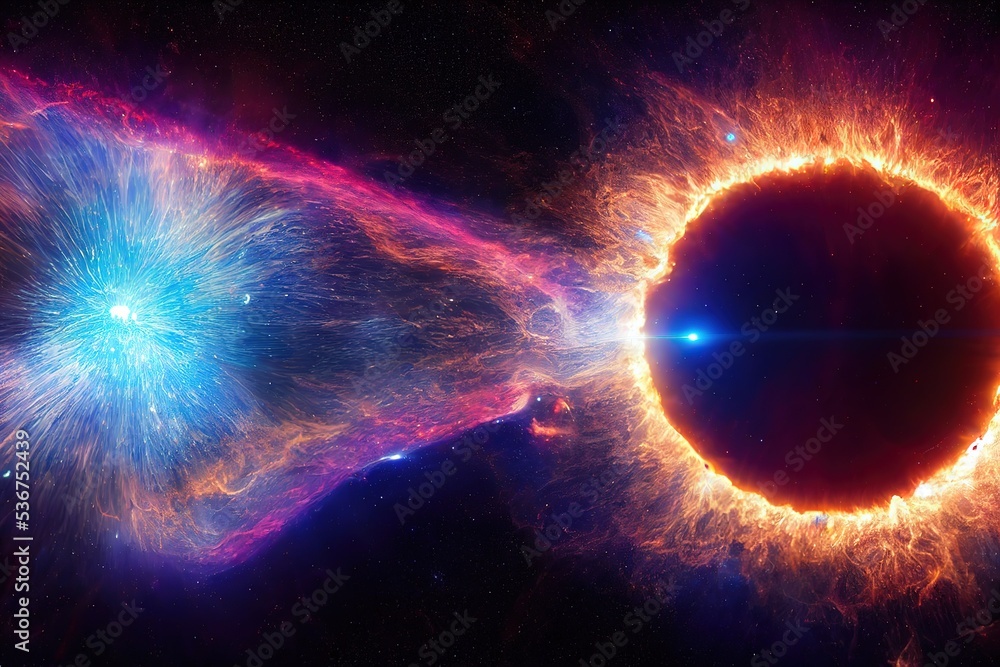 Poster dark star in a fireball with a bright flash of purple color in outer space 3d illustration