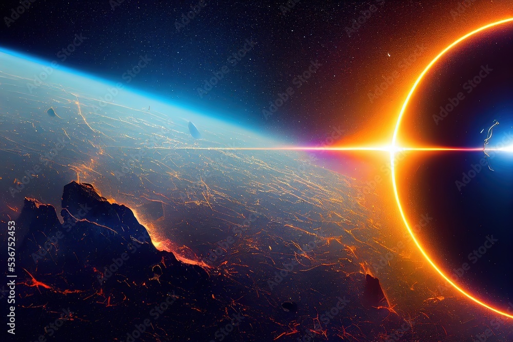 Poster earth's orbit on a starry dark background and a bright tail of a falling comet 3d illustration