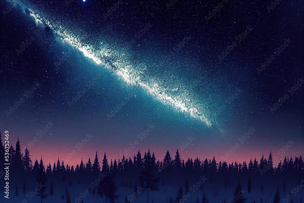 Poster starry night with a clear milky way over a forest with main trees 3d illustration