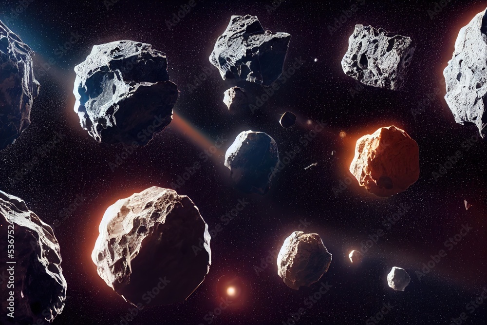 Poster gray and irregular shaped celestial bodies of meteorites, comets and asteroids on starry 3d illustra