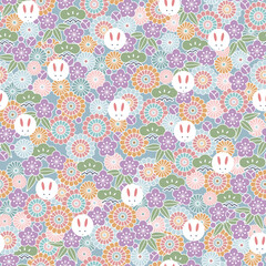 Fototapeta na wymiar 和柄-菊と松竹梅とうさぎのシームレスなパターン。テキスタイル、壁紙、包装紙のデザイン。