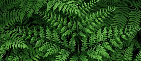 Naklejka na ściany i meble Ferns in the forest. Natural wild tropical floral textured fresh green leaves fern background. Banner.