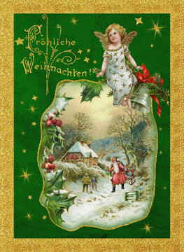 Traditionelle Weihnachtskarte mit Weihnachtsmann in Winterlandschaft 