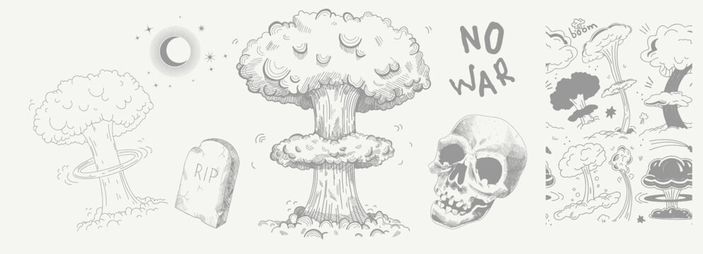 Nuclear mushroom, atomic explosion, skull, no war. Set of vector illustrations. Pencil sketch. Engraving style. Tattoo. Collection of drawn elements.
