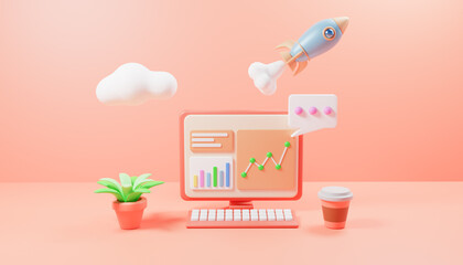 3D Excellent business graph on computer. funding business graph on pc. creative solution concept, charts diagrams, and data. Investment trading in the stock market. 3d rendering illustration