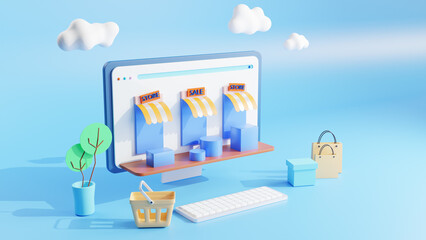 shopping online concept. Online shopping store on computer. Modern design for web banners, websites, shop elements, infographics. 3d rendering illustration.