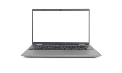 Front view of a gray laptop with a blank white screen, text input, isolated on white background. with cutting path
