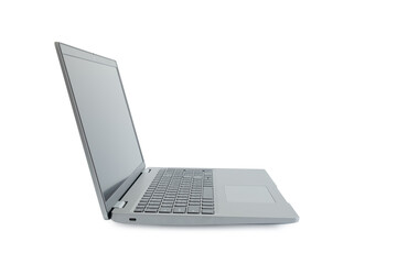 Side view of a gray laptop with a blank screen, text input, isolated on white background. with cutting path