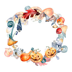 Halloween wreath with colorful pumpkins watercolor illustration isolated on white.