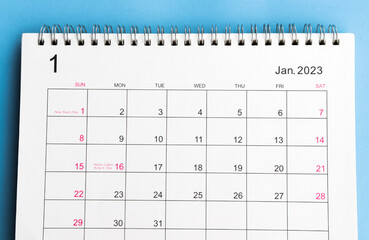calendar January 2023 top view on a blue background