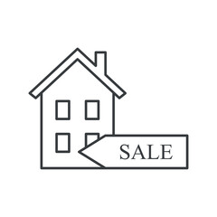 The icon of the house that is for rent. A simple linear image of a two-storey house with a sign for rent. Vector on a white background.