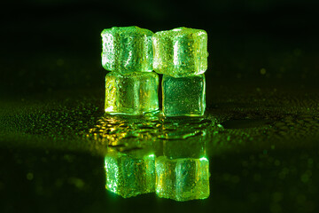 Green ice cubes on black background.
