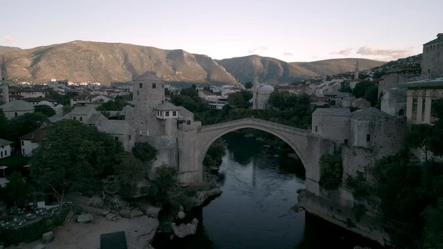Aerial view of city of Mostar from a drone, Stari Most, Old Bridge 