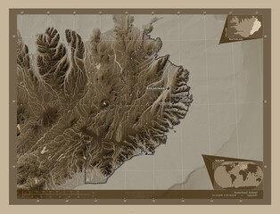 Austurland, Iceland. Sepia. Labelled points of cities