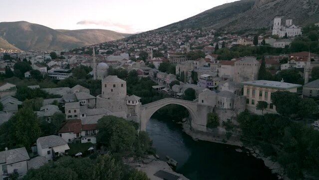 Aerial view of city of Mostar from a drone, Stari Most, Old Bridge 