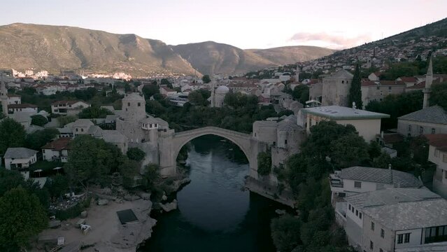 Aerial view of city of Mostar from a drone, Stari Most, Old Bridge 