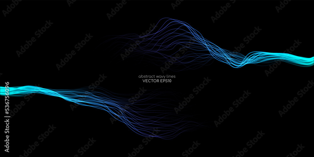 Poster AI Artificial intelligence wave lines neural network purple blue and green light isolated on black background. Vector in concept of technology, machine learning, A.I.