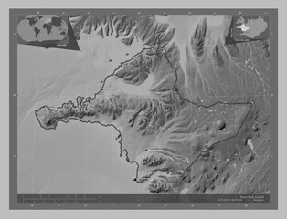 Vesturland, Iceland. Grayscale. Labelled points of cities