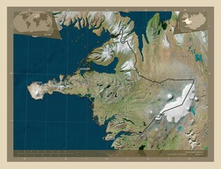 Vesturland, Iceland. High-res satellite. Labelled points of cities