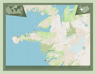 Vesturland, Iceland. OSM. Labelled points of cities