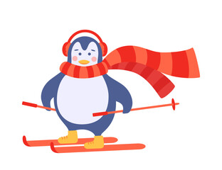 Cute penguin is skiing. Warm woolen scarf. Vector illustration