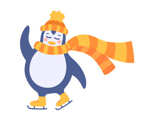 Obraz premium Isolated penguin ice skating. Cute little penguin baby. Warm knit clothes. Sport and leisure concept. Vector illustration