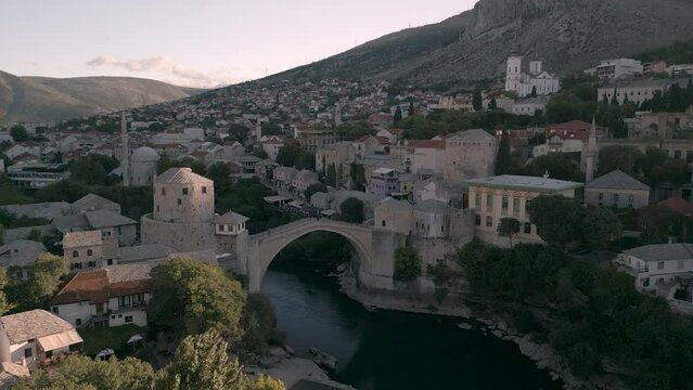 Aerial view of city of Mostar from a drone, Stari Most, Old Bridge 